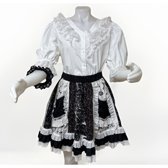 Vtg Square Dance Outfit Womens M Skirt Blouse Black White Patchwork Ruffle Lace - Picture 1 of 12